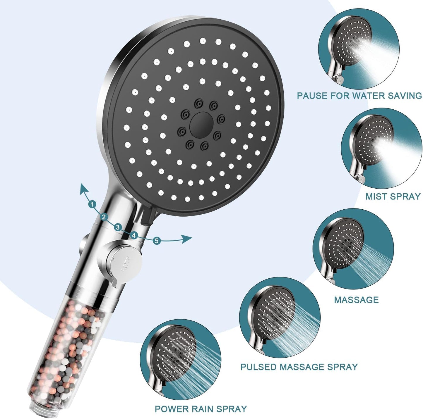 Shower Head,High Pressure Mineral Showerhead with Beads Filter for Hard Water,5-Mode Spray with 70" Hose&Bracket,Showerhead with ON/OFF Pause Switch