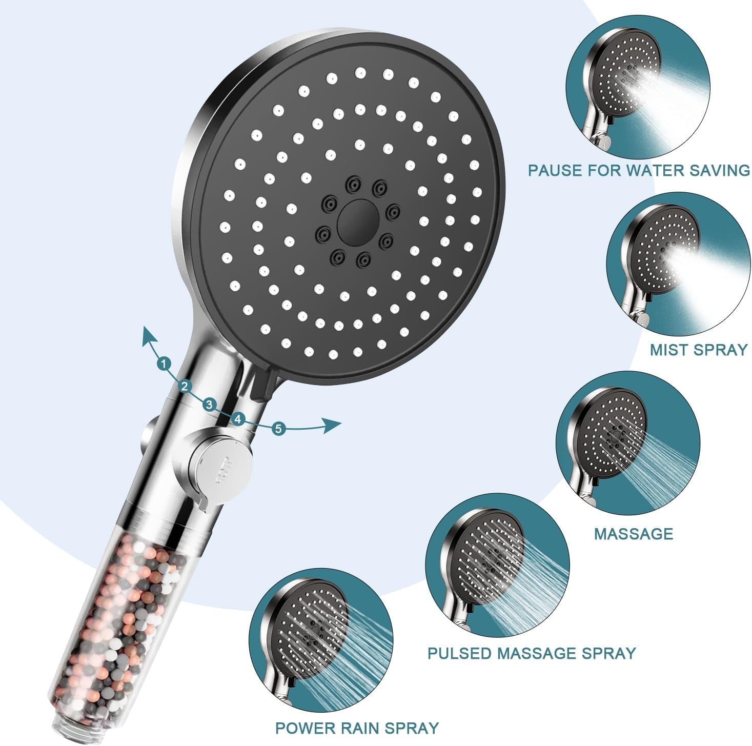 Shower Head,High Pressure Mineral Showerhead with Beads Filter for Hard Water,5-Mode Spray with 70" Hose&Bracket,Showerhead with ON/OFF Pause Switch