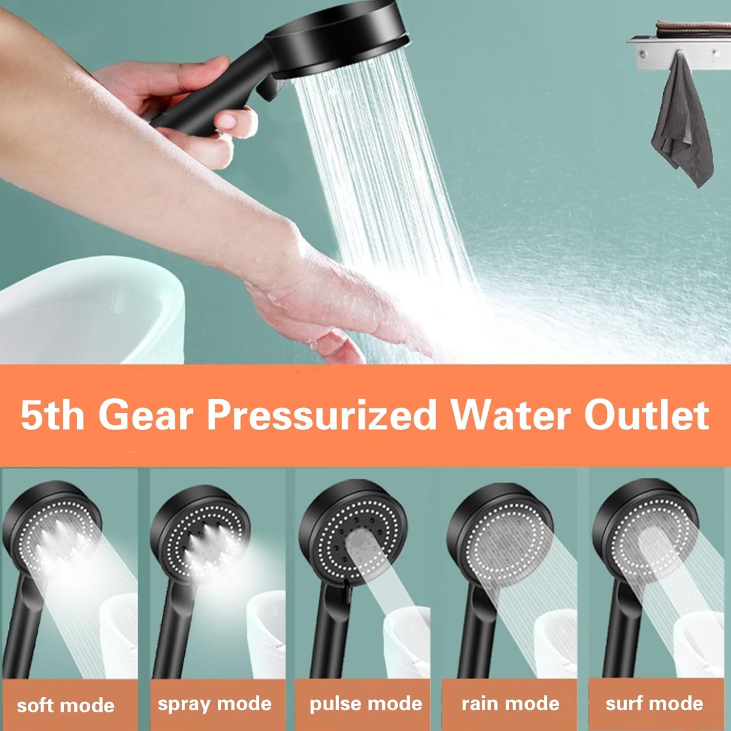 Black Shower Head, 5 Spray Modes Detachable Showerhead High Pressure Shower Heads, Multifunctional Universal Interface