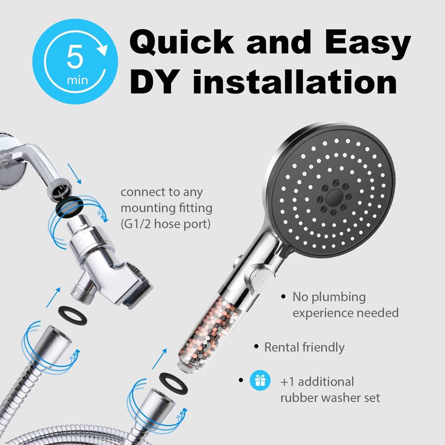 Shower Head,High Pressure Mineral Showerhead with Beads Filter for Hard Water,5-Mode Spray with 70" Hose&Bracket,Showerhead with ON/OFF Pause Switch