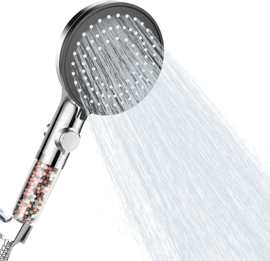 Shower Head,High Pressure Mineral Showerhead with Beads Filter for Hard Water,5-Mode Spray with 70" Hose&Bracket,Showerhead with ON/OFF Pause Switch