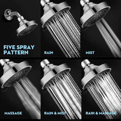 HOPOPRO High Pressure Shower Head 5 Settings Fixed Showerhead 4 Inch High F