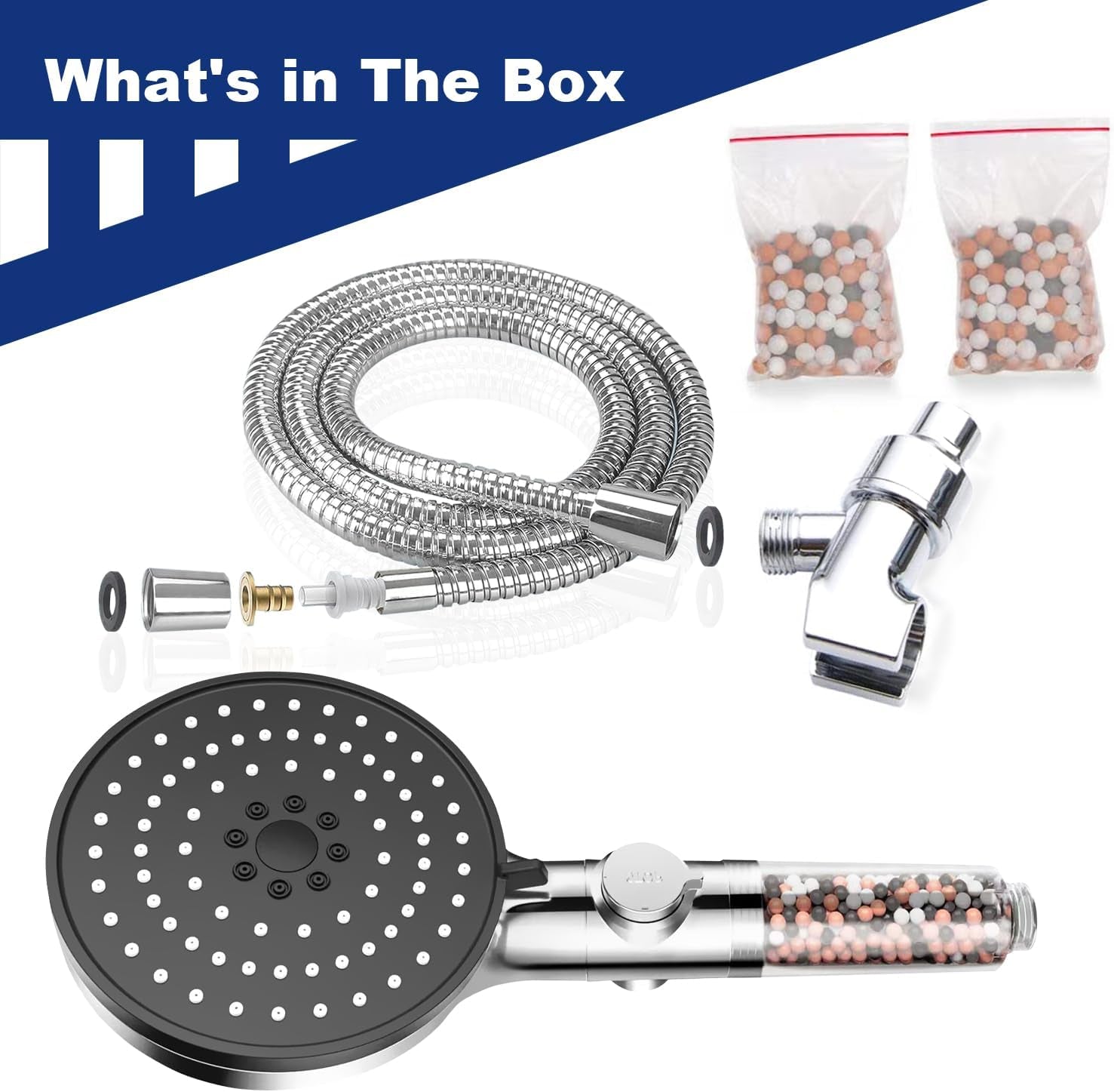 Shower Head,High Pressure Mineral Showerhead with Beads Filter for Hard Water,5-Mode Spray with 70" Hose&Bracket,Showerhead with ON/OFF Pause Switch