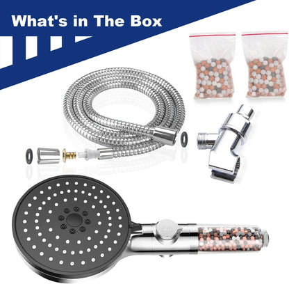 Shower Head,High Pressure Mineral Showerhead with Beads Filter for Hard Water,5-Mode Spray with 70" Hose&Bracket,Showerhead with ON/OFF Pause Switch